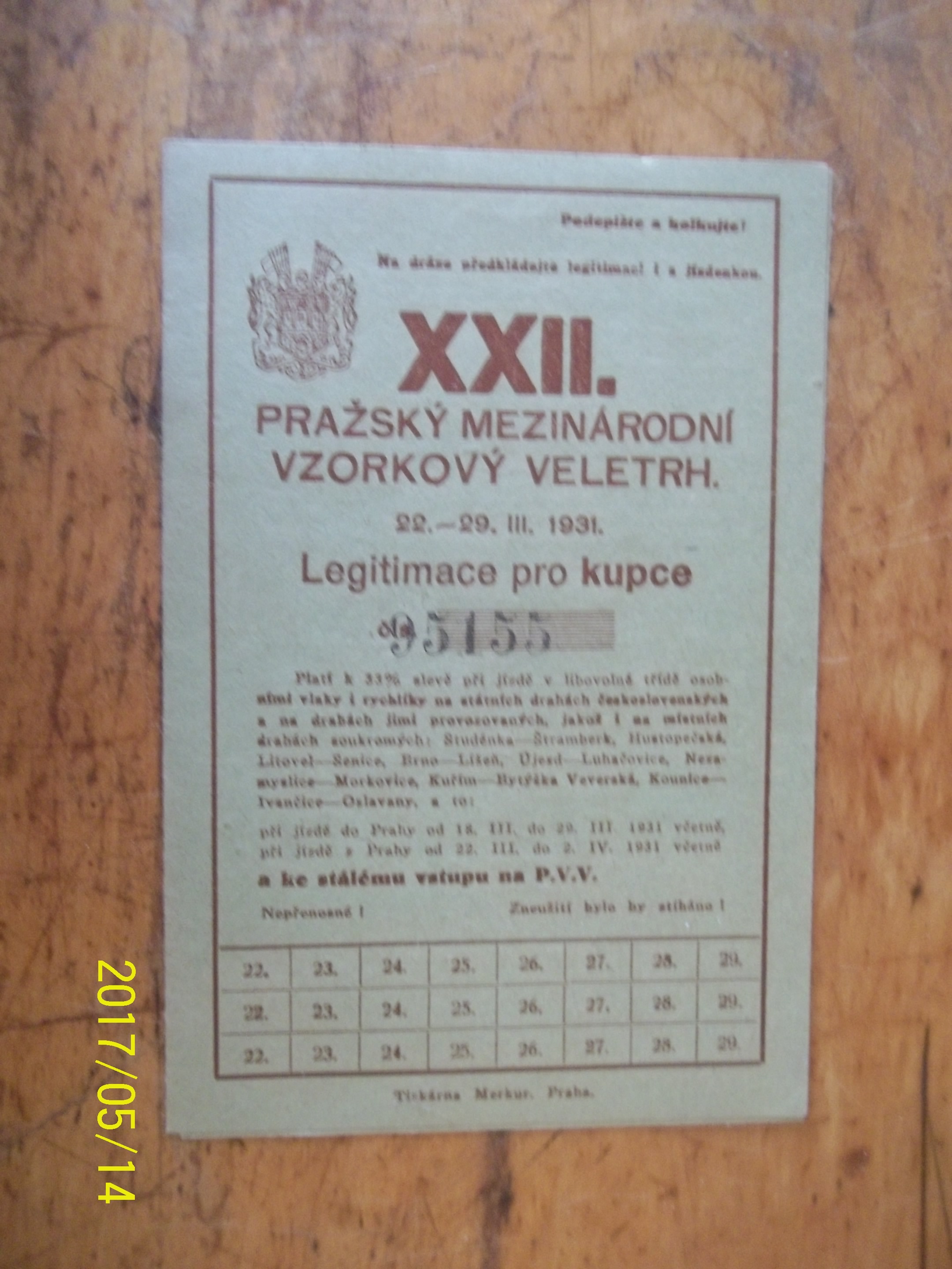 zobrazit detail knihy Prask vzorkov veletrh 1931 Legitimace pro kupce